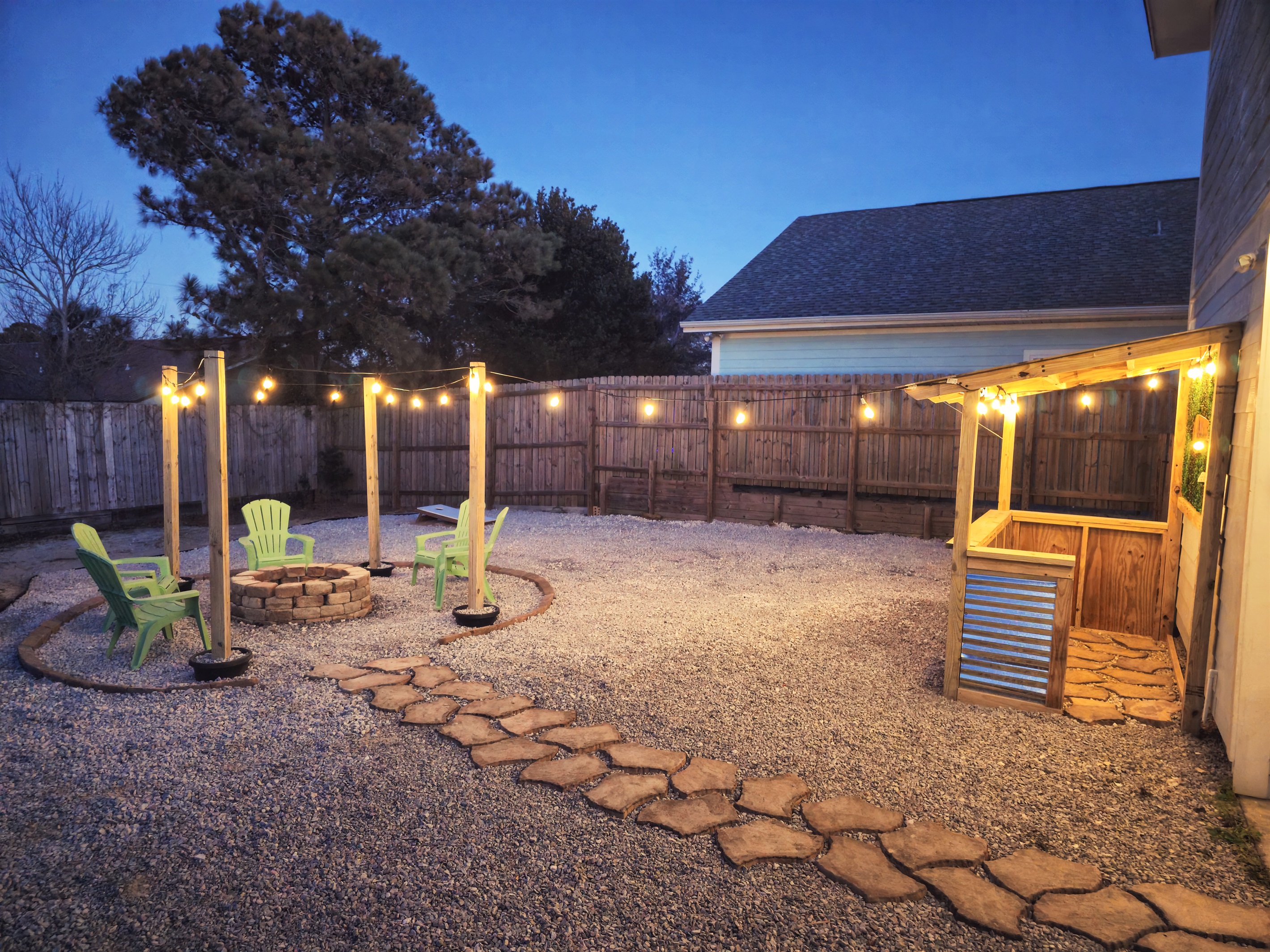 Tiki Bar, Fire Pit, and professional cornhole boards