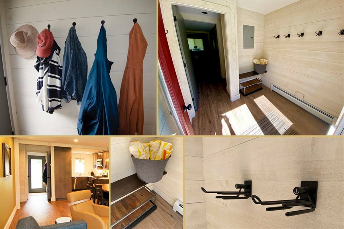The entryway/mudroom - hangs coats, stores boots, mounts skis/boards. Unit is equipped with towels for water activities. Bench for changing and/or just acts as a universal overflow area.