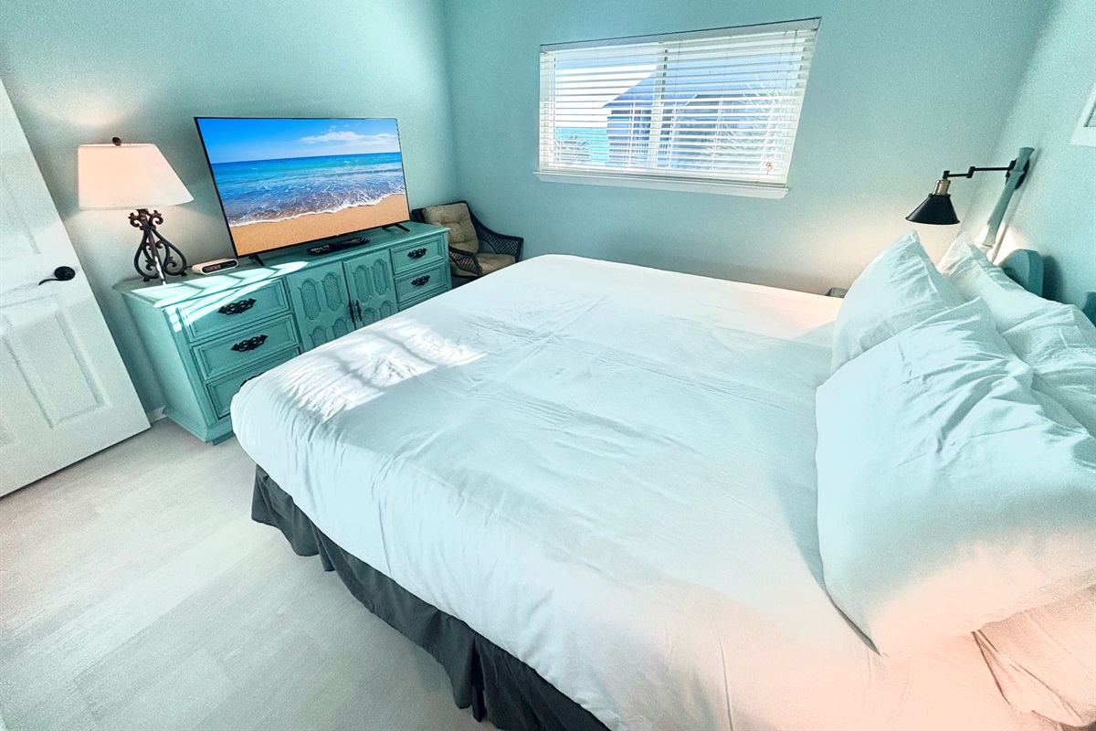 Spacious master bedroom with large TV