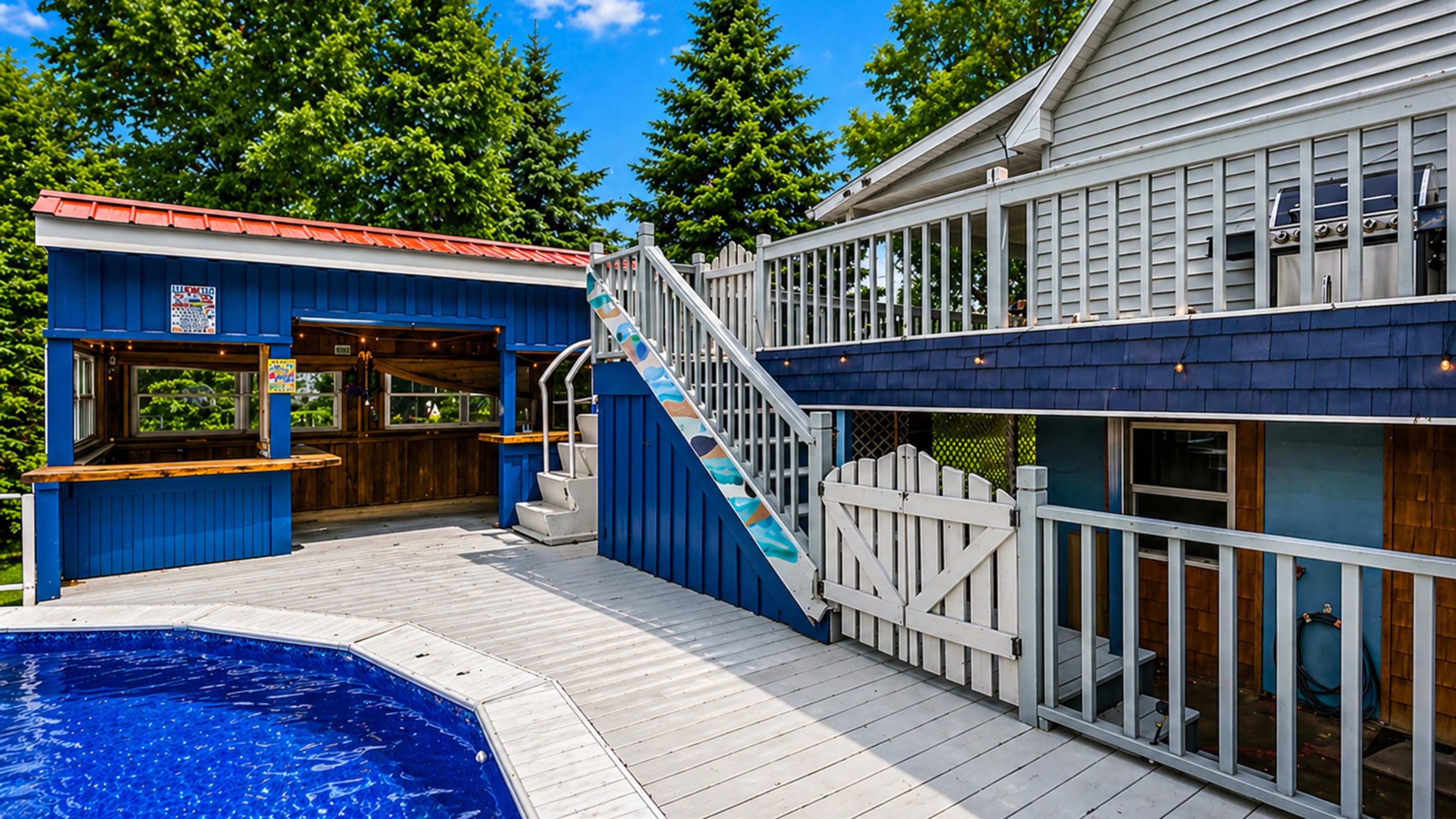 This vibrant outdoor area features a spacious deck, a refreshing pool, and a charming poolside bar, perfect for entertaining.