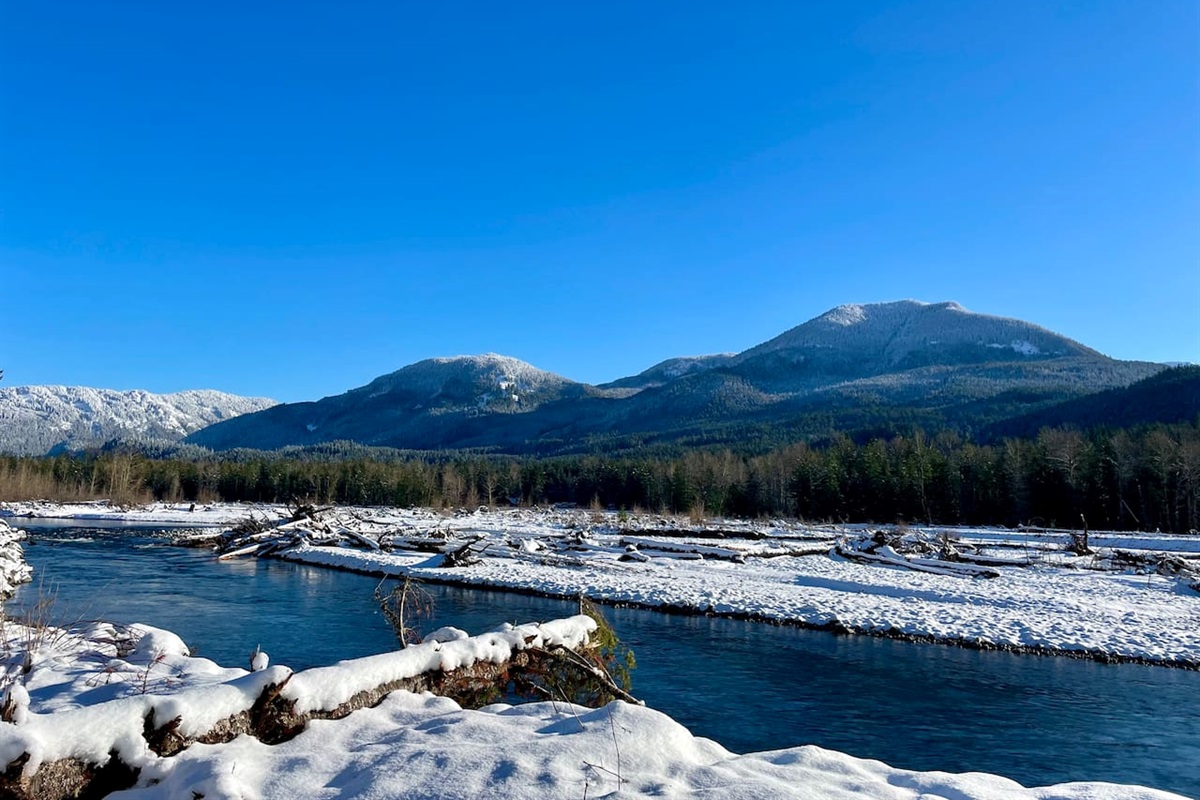 Enjoy the view of the Cowlitz River across the street with a beautiful blanket of winter snow during ski season
