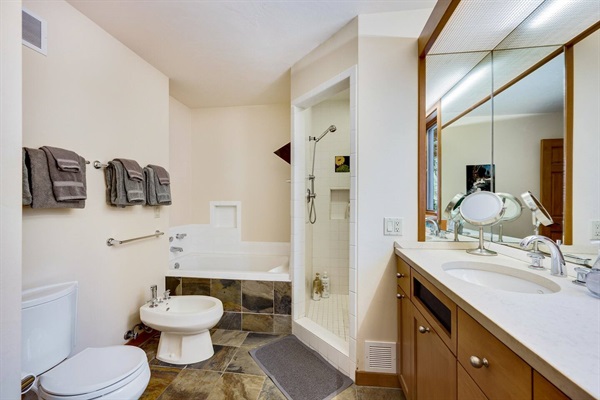 Master bathroom: slate floors, bidet and bath.  Double sinks. Double shower heads. Relax and enjoy!