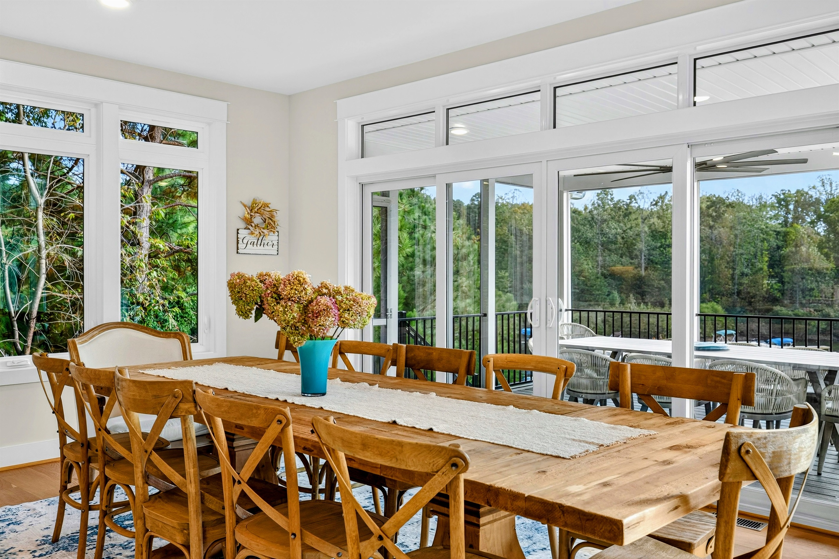 Our Restoration Hardware dining table has leaves with seating for up to 12. The kitchen counter has stool seating. Guests will love the gorgeous lake views while dining & watching the boats and kayakers. Guests also enjoy dining on the screen porch.