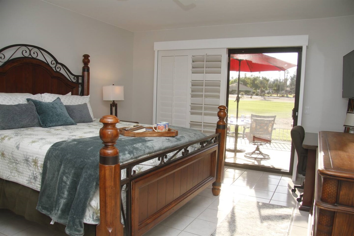 Get a great sleep then relax with coffee and a book  on the California king bed overlooking the golf course.  The shutters give you a view but with privacy.