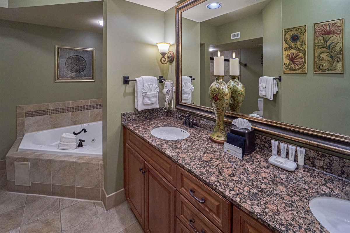 Enjoy the Spacious Primary Bath with Double Bowl Vanity, Jetted Tub, or the Large Walk-in Shower