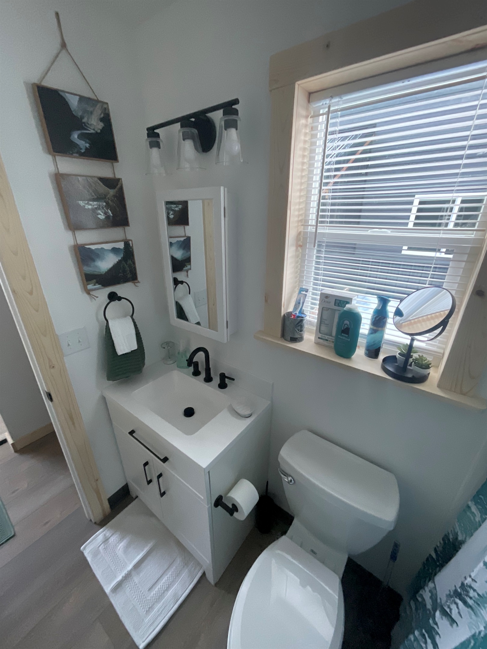 Bathroom includes a sink, toilet, and shower/tub combo.