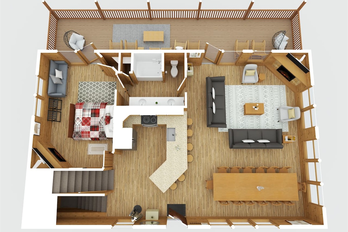 Main Floor Layout- kitchen, dining area, living room, king bedroom and full bathroom, plus porch with swinging egg chairs