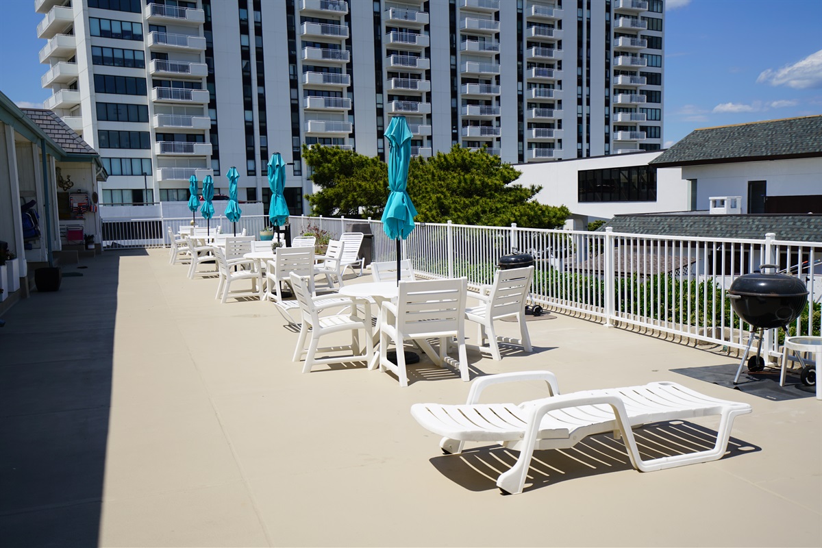 Shared deck with loungers, BBQ, and tables.