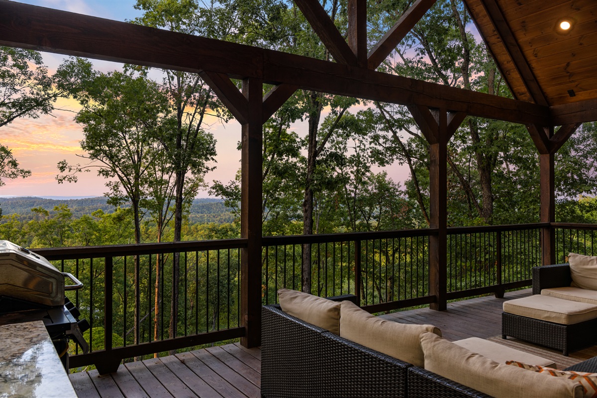 Covered outdoor lounge space perfect for relaxing and enjoying the mountain air
