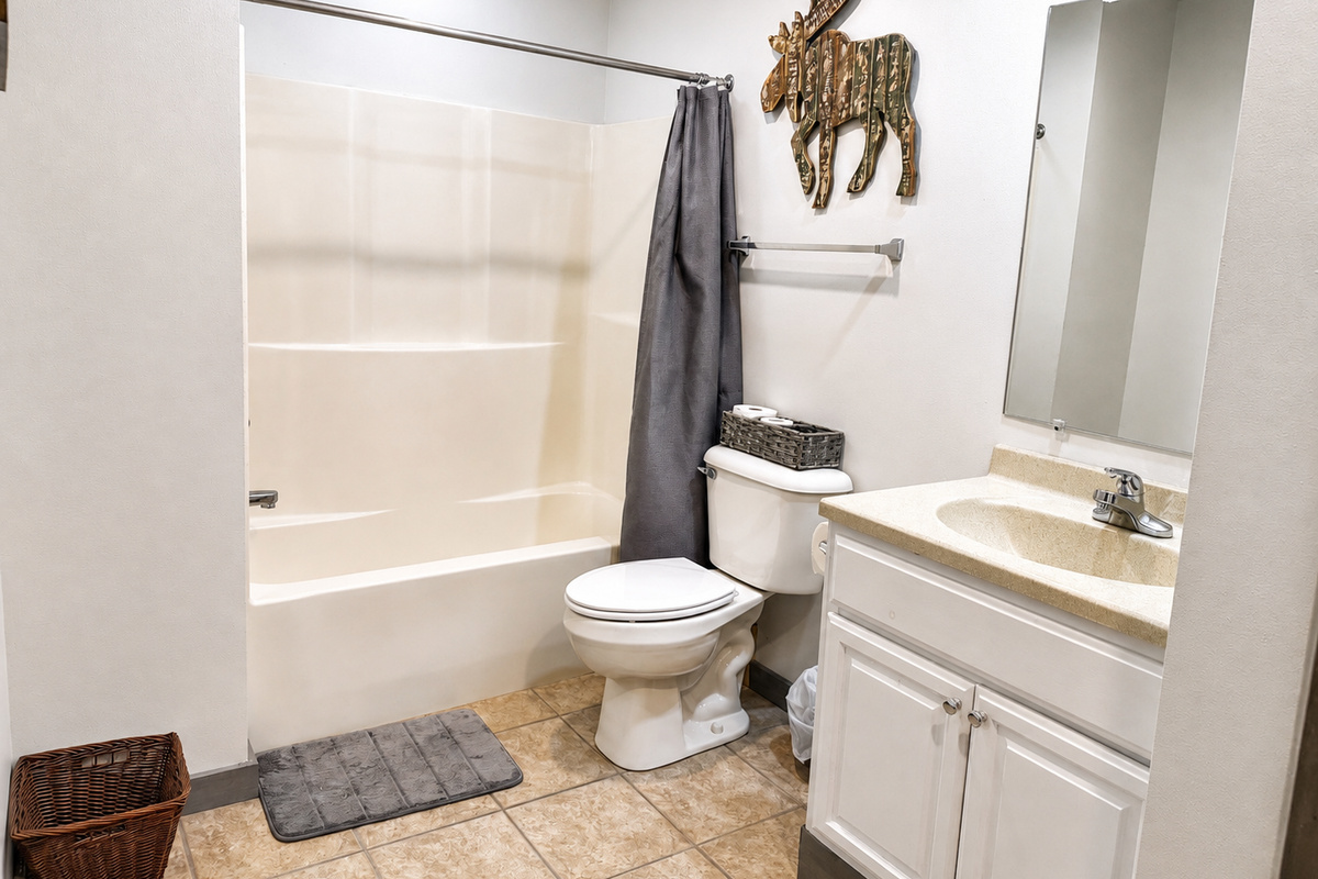 At the top of the stairs, just steps from the three upstairs bedrooms, you’ll find a conveniently located full bathroom with a shower/tub combination, making mornings and bedtime easy for families and groups.