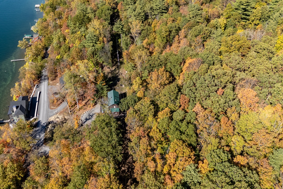 Leaf-covered treetops frame the home’s elevated position for sweeping lake views.
