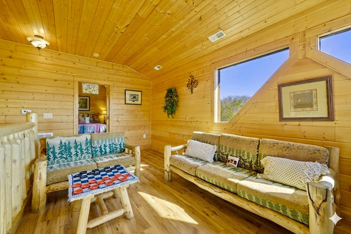 Tucked beneath slanted beams and picture windows, this loft nook invites you to curl up, read a book, or take in the mountain views bathed in golden light featuring a twin sofa bed, perfect for extra sleeping space or a quiet spot to relax.