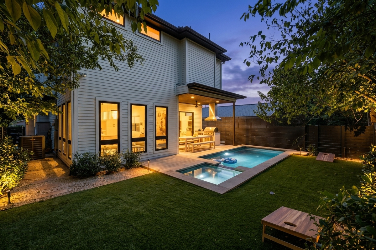 The backyard transforms at twilight — pool, turf, and warm interior light.