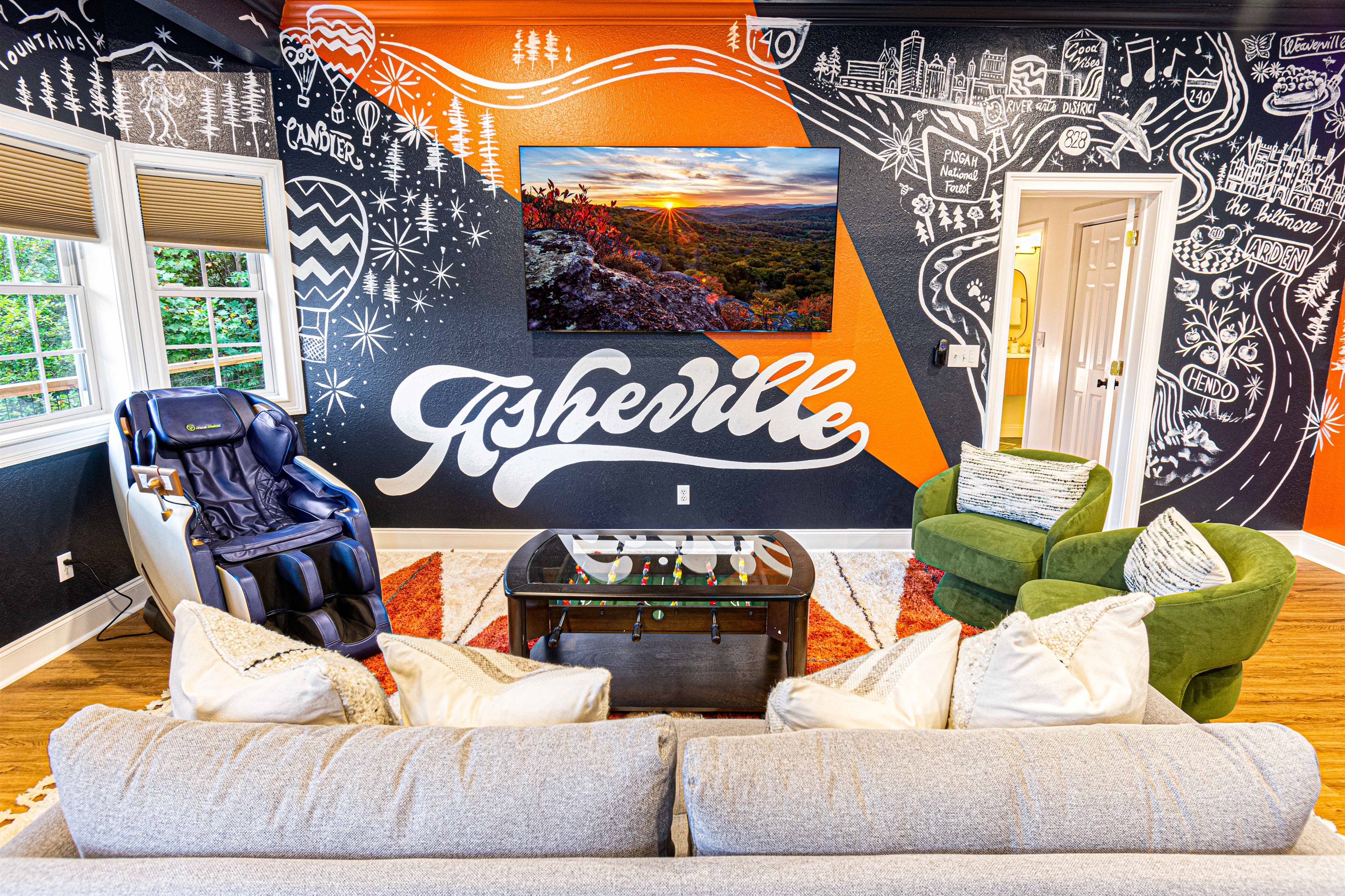 Welcome to our vibrant rec room filled with hand-painted doodle art! 🎨✨ Relax in the massage chair, catch a movie on the large TV, or challenge friends at the poker table. With a kids den and reading nook, there's something for everyone!