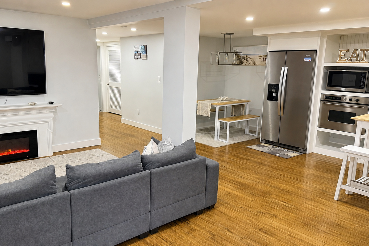 Basement living area with second kitchen and dining nook