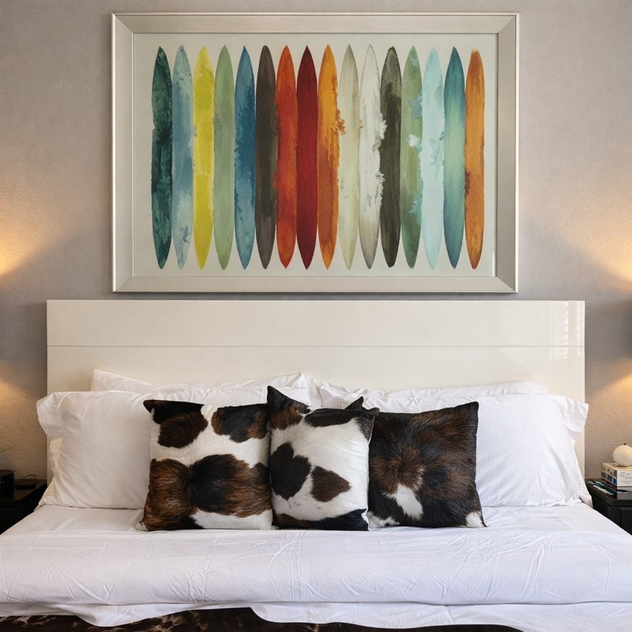 Modern bedroom with cowhide accent pillows and colorful surfboard artwork.
