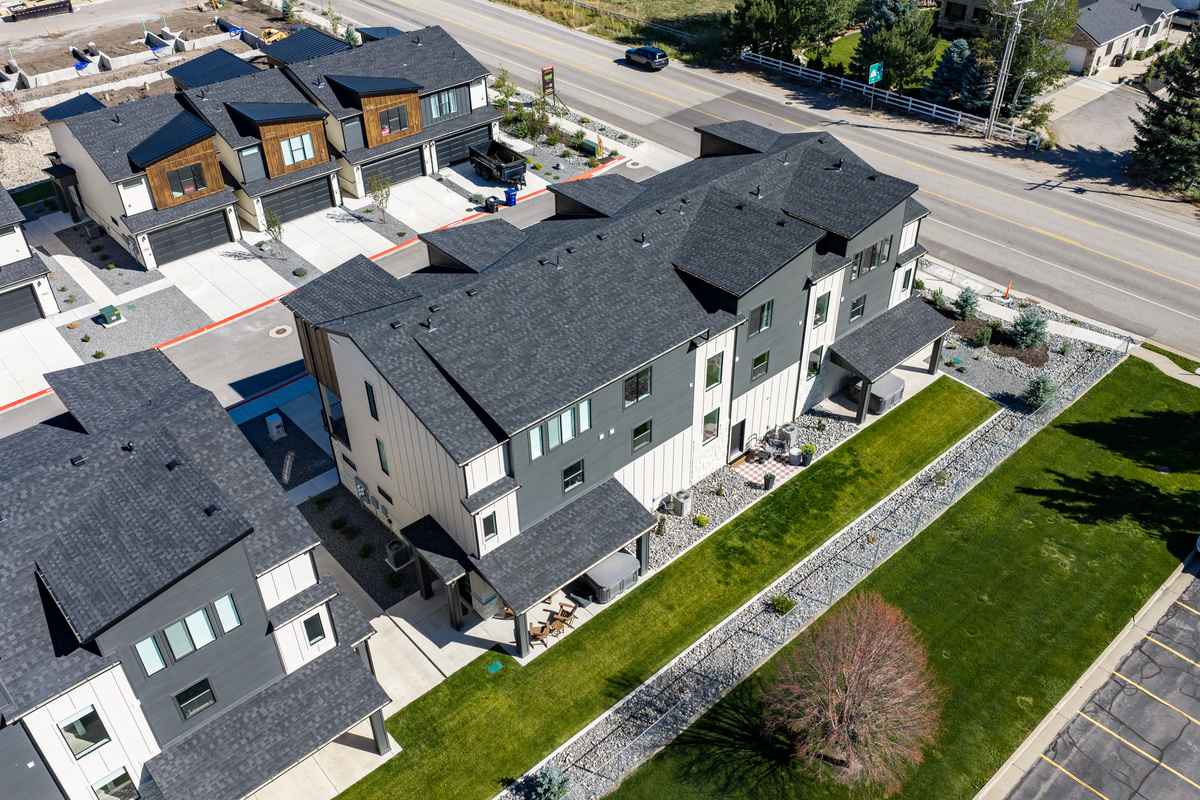 An elevated view shows the home’s peaceful neighborhood setting and easy access to the surrounding area.