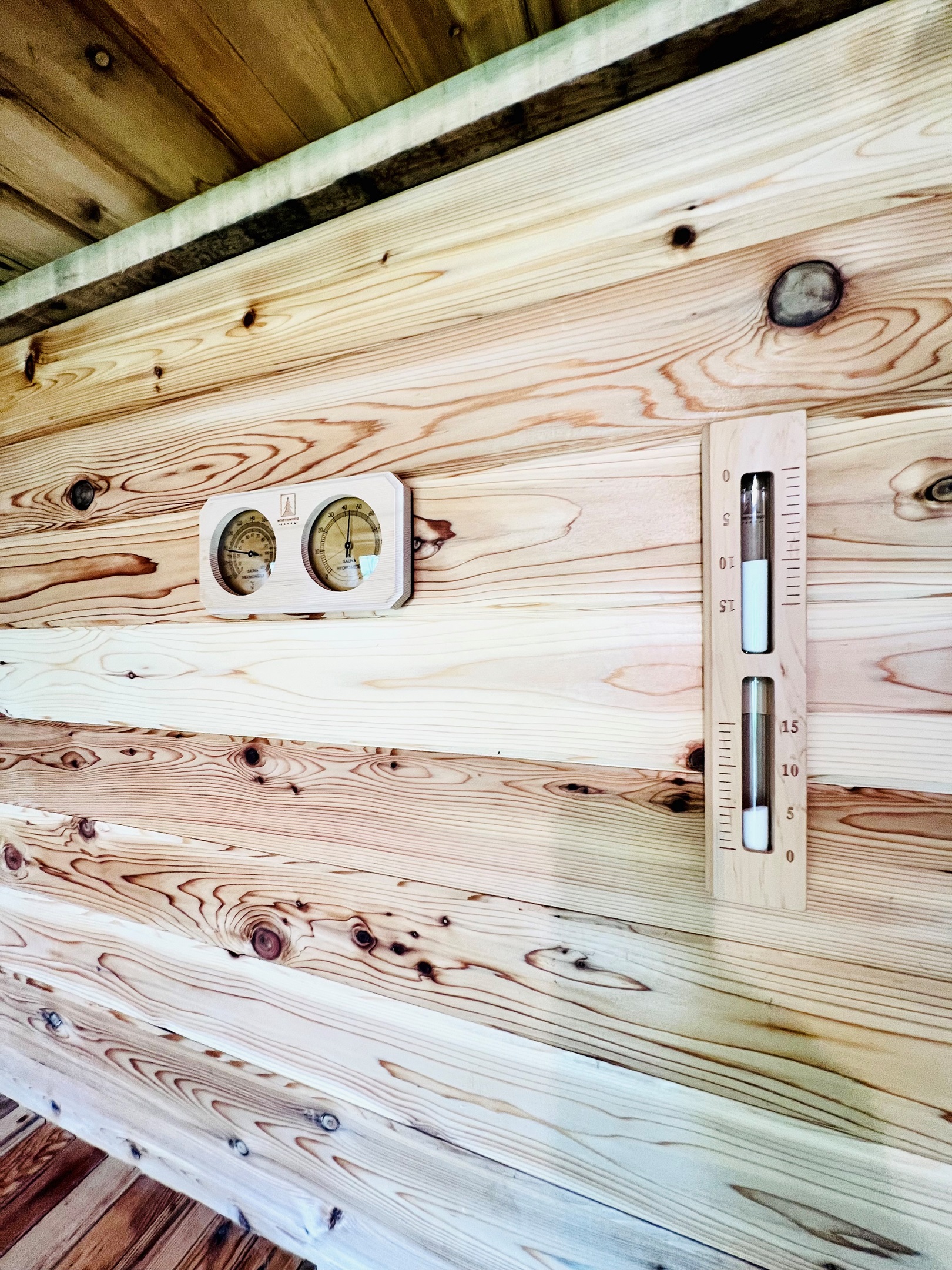 We have a thermometer, hygrometer, and an hour glass timer inside the sauna!