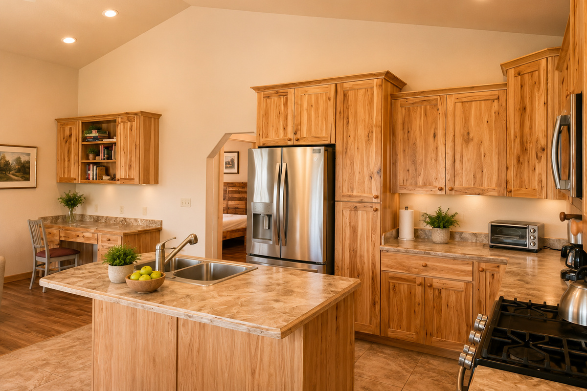 The kitchen, island, and dining area all open to one another, making it easy to host and gather. In the far left of the photo, a desk for extra workspace as needed.
