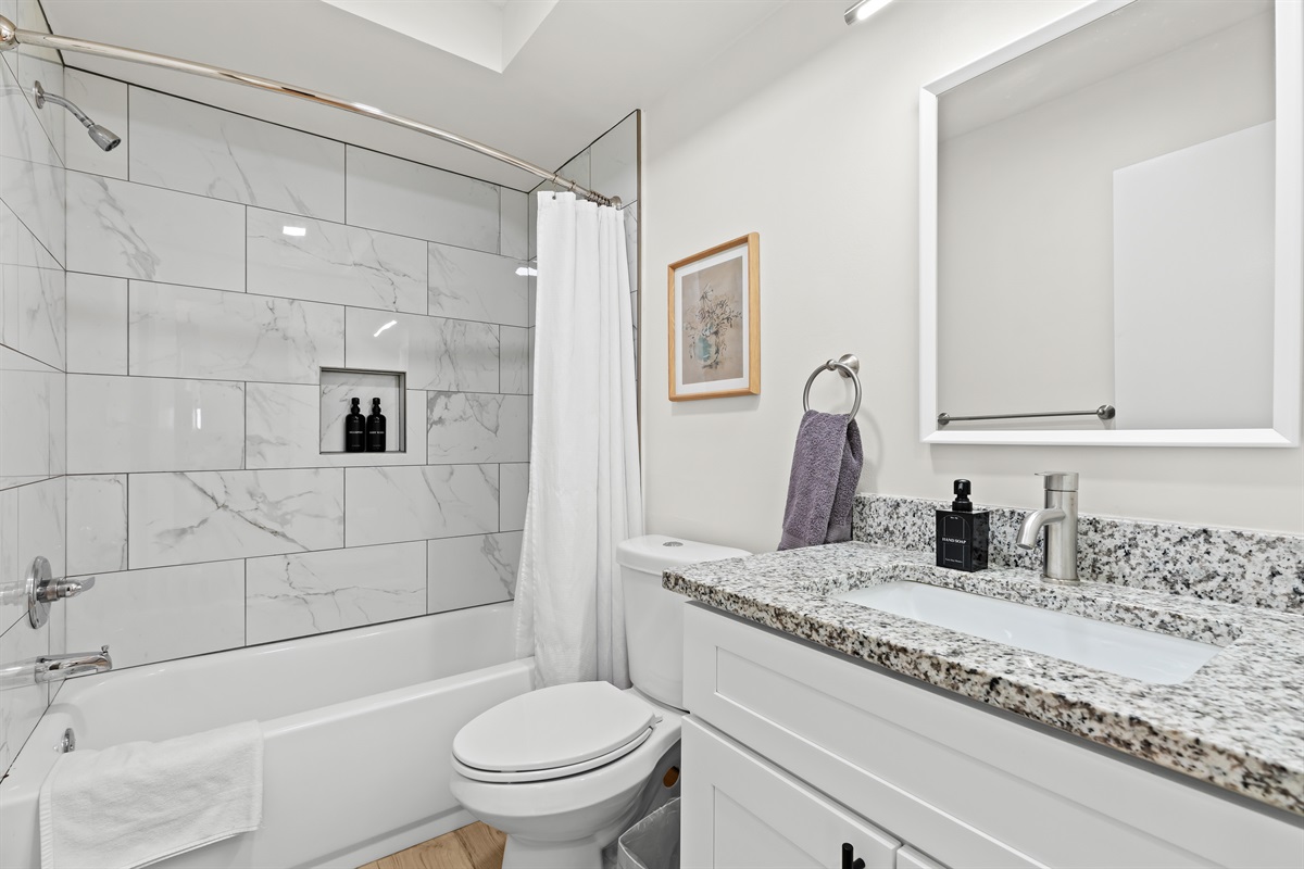 Spa-inspired bathroom featuring a sleek granite vanity, modern lighting, and a beautifully tiled shower with built-in niche.