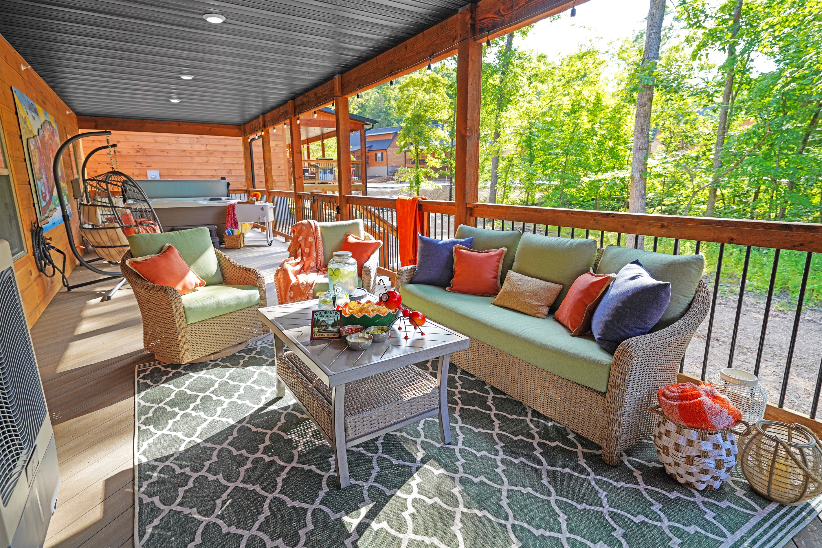 Comfy seating area with large screen smart TV and cooling fan