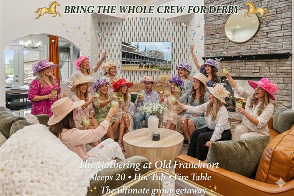 Elevate your stay at The Gathering at Old Frankfort—two homes, 20 guests, private hot tub, and outdoor entertaining space designed for celebration.
Luxury, privacy, and the perfect Kentucky backdrop. Secure your dates before they’re gone.