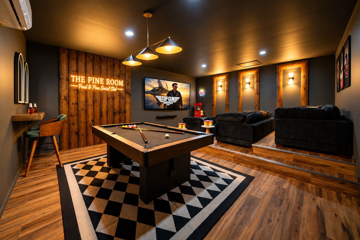 Movie night or game night? The Pine Room has you covered with theater seating, a big-screen TV, and pool table