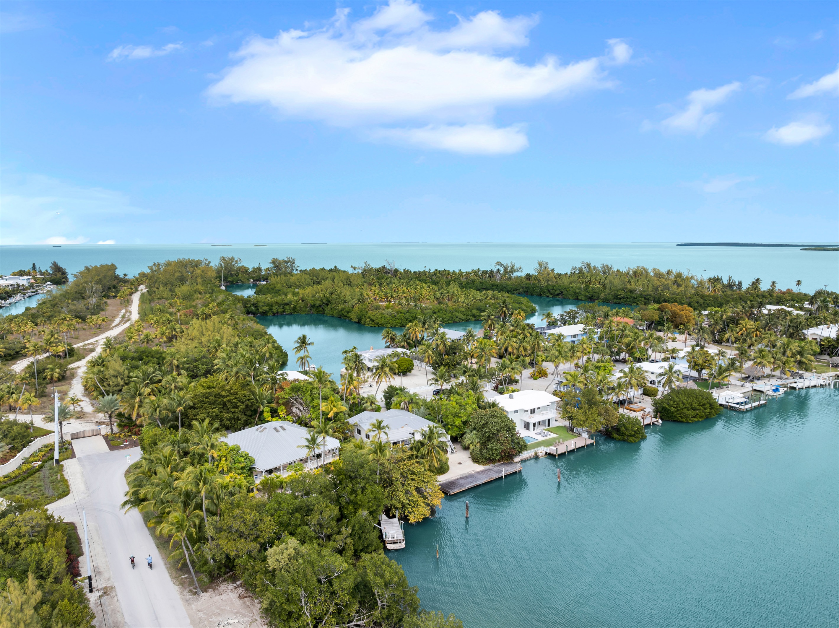 Aerial view of the protected cove the home sits on with immediate access to the Florida Bay. 