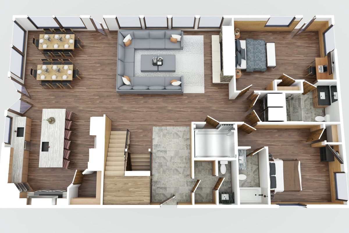 2nd Floor Layout - Street Entry Level - Bedroom 4: King Bed private deck access - Bedroom 5: Queen Bed with bathtub 