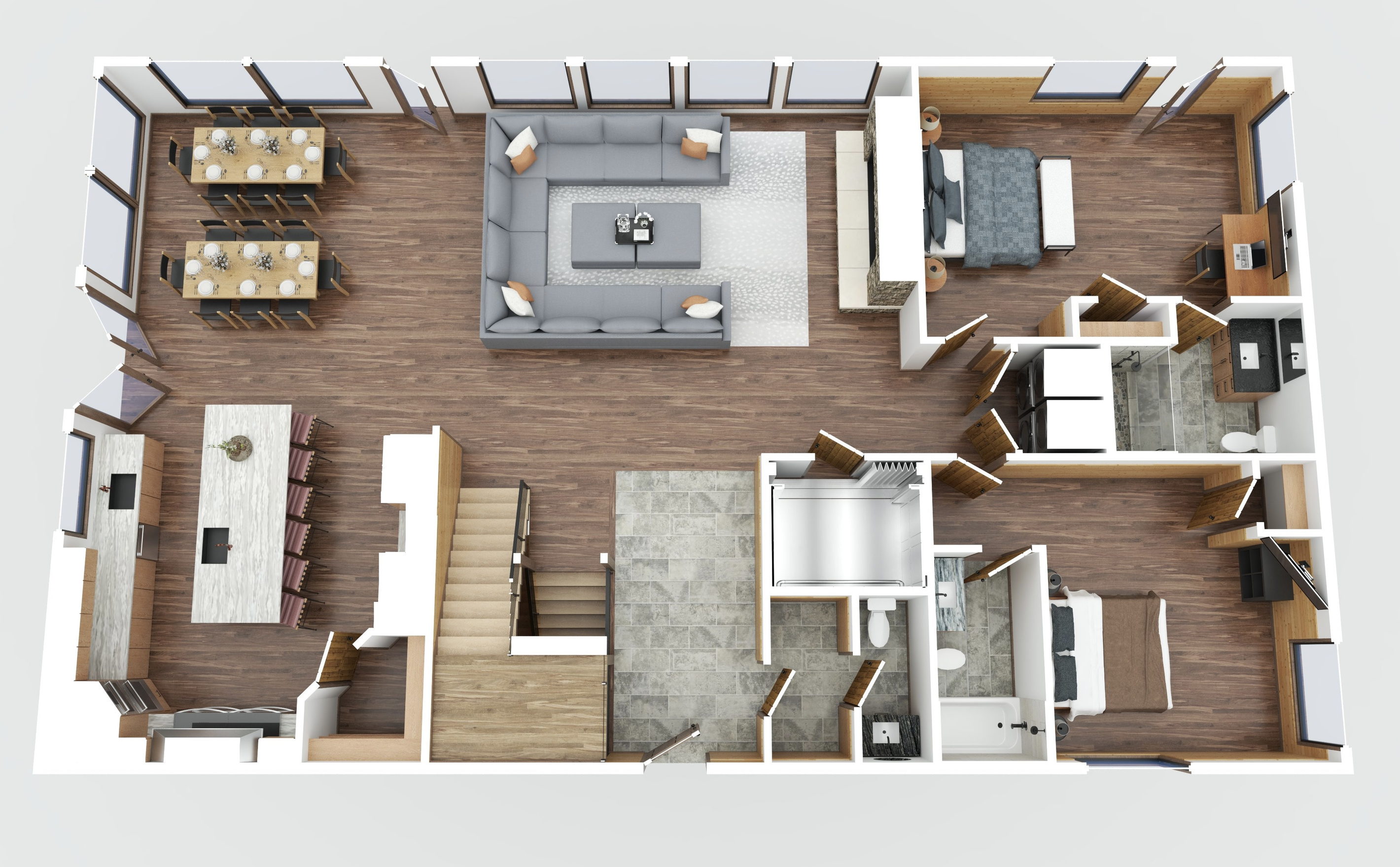 2nd Floor Layout - Street Entry Level - Bedroom 4: King Bed private deck access - Bedroom 5: Queen Bed with bathtub 