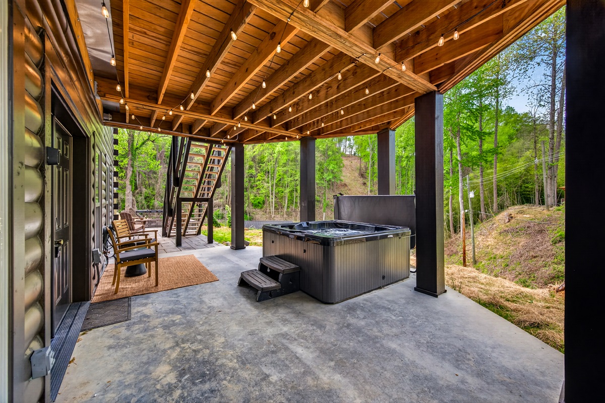Hot tub off main downstairs entrance. Drained, cleaned, sanitized and refilled after each guest stay.