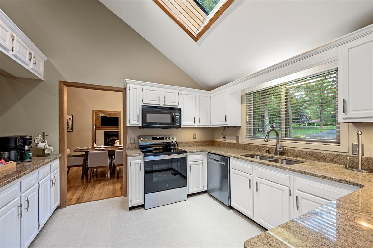 The kitchen is well-stocked.  Plenty of counter space, 16 full sets of dishware, four sets of durable dishware for children and plenty of kitchen gadgets.
