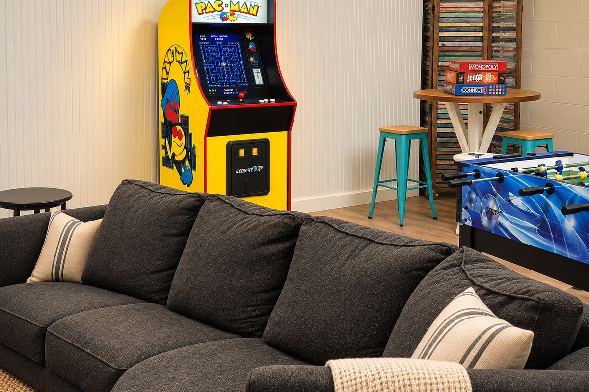 Pac-Man arcade, foosball table and a deep sectional make the game room a favorite on rainy afternoons.