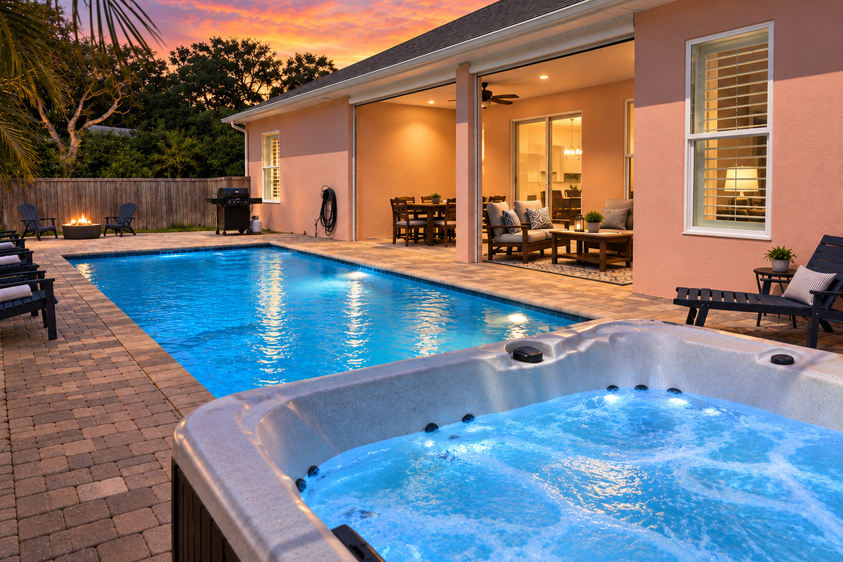 Evening at Pearl: the hot tub glows, the pool lights up and the fire pit burns, so the day ends outside together.