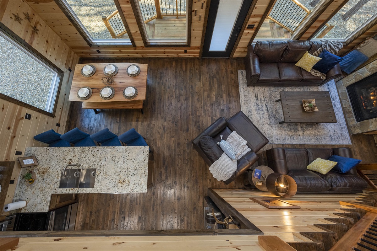 View of dining and living area from upstais.