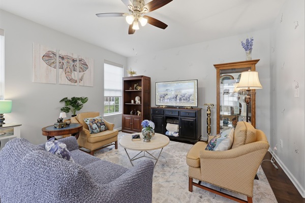 Entertain comfortably with a 50 inch screen Samsung/Roku television,  plenty of mood and task lighting