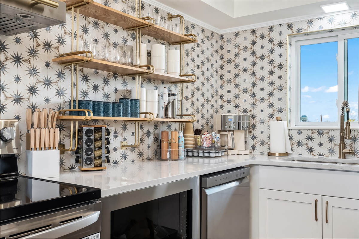FULLY LOADED kitchen with open shelving.