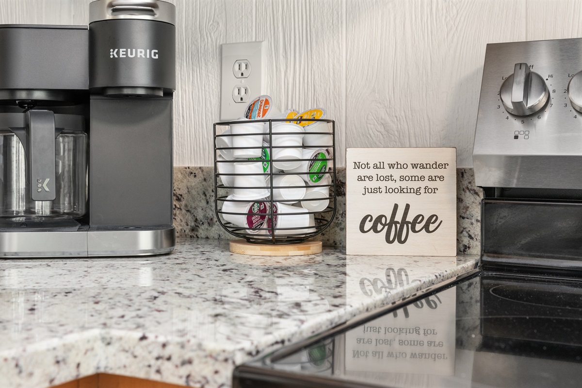 Your perfect morning starts here—Keurig or ground brew, plus creamer, sugar, teas, and hot cocoa for every taste