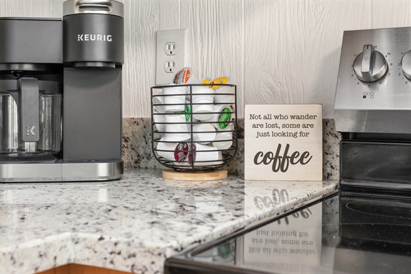 Your perfect morning starts here—Keurig or ground brew, plus creamer, sugar, teas, and hot cocoa for every taste