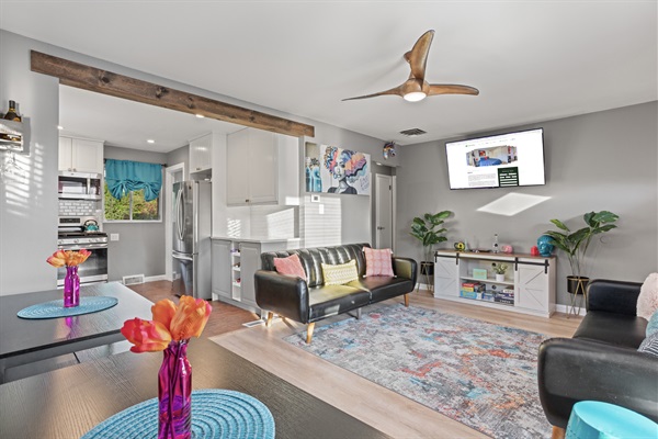 Relaxation Central – Unwind on our comfortable couches and enjoy family moments with a TV for entertainment.
