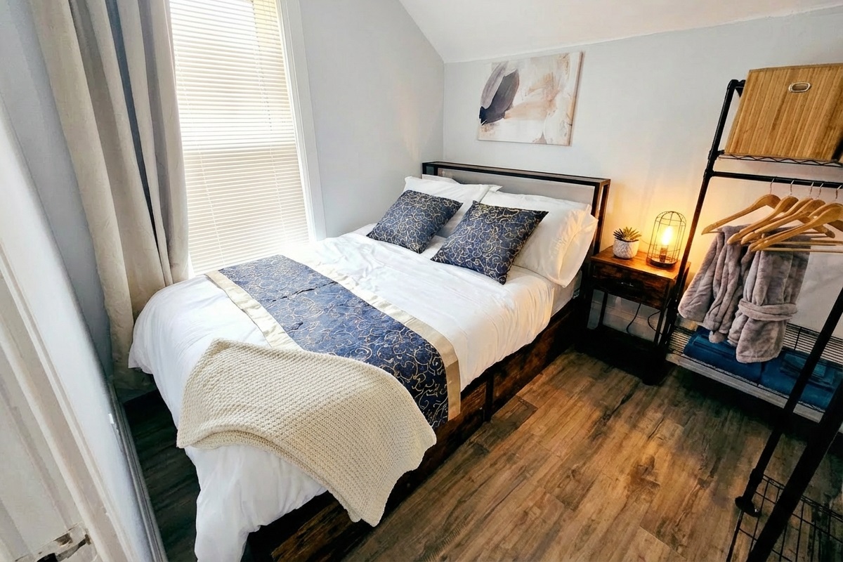 Cozy bedroom - headboard, power and USB connections.