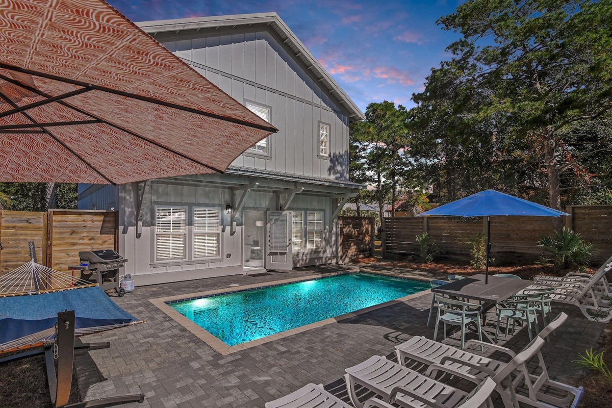 Private Pool with hammock and comfortable lounges.