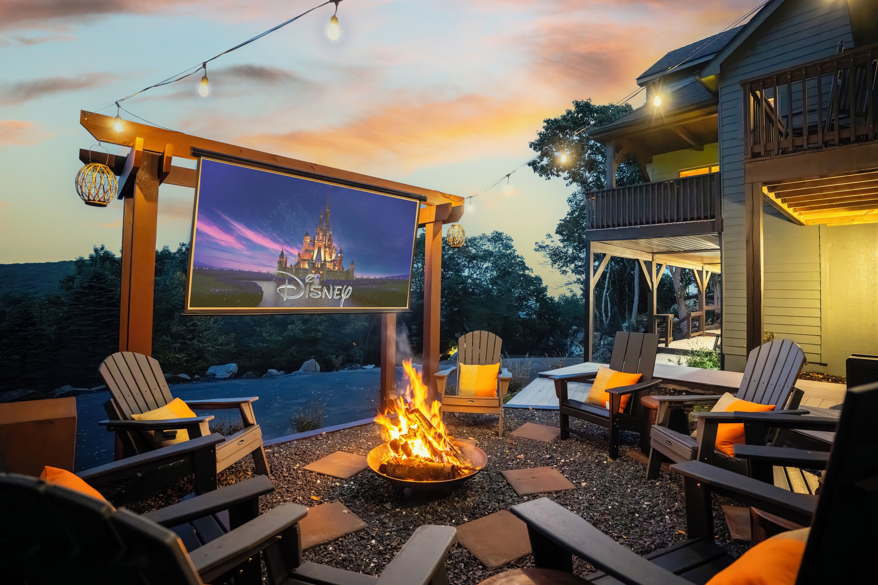 Firepit area with projector screen for outdoor movies