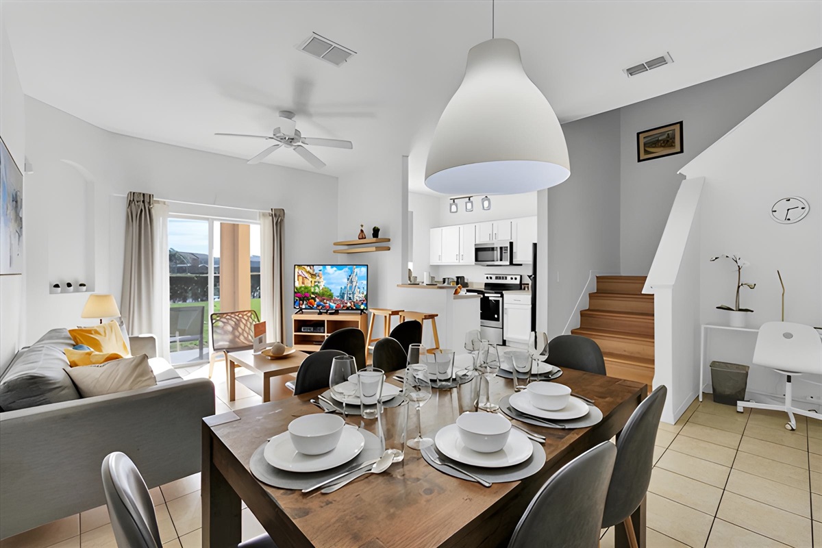 The open floorplan integrates the living and dining areas for you to enjoy family time during your stay. And you have a lovely view!
