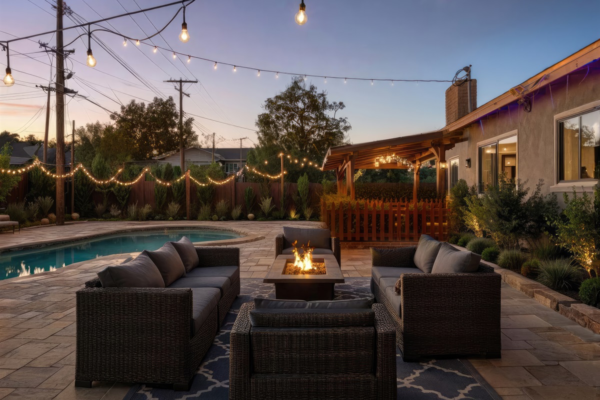 Gather around the fire by the pool