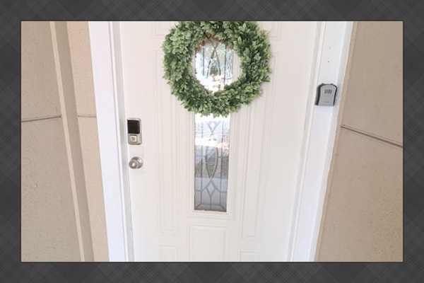 Guests access the home using a custom code with the electronic door lock. 