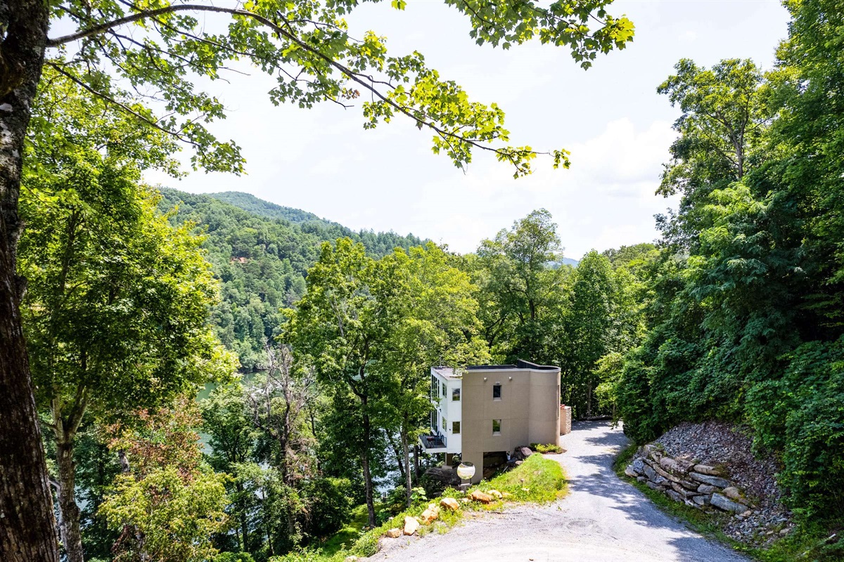 The house as seen from the driveway leading to the house.