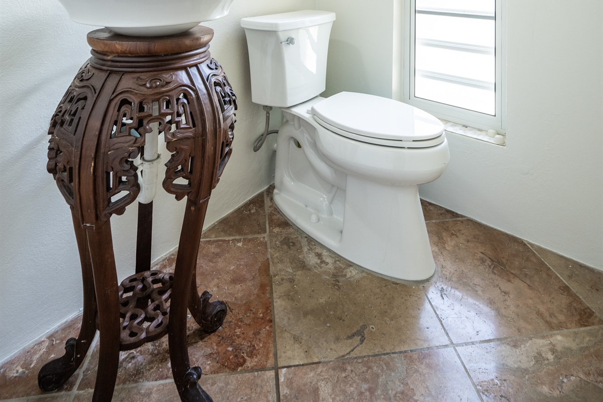 Spacious guest bathroom with double sinks and modern finishes.