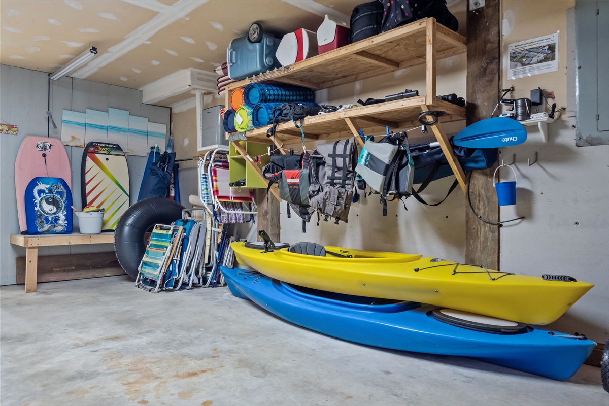 Kayaks beach gear and outdoor equipment storage