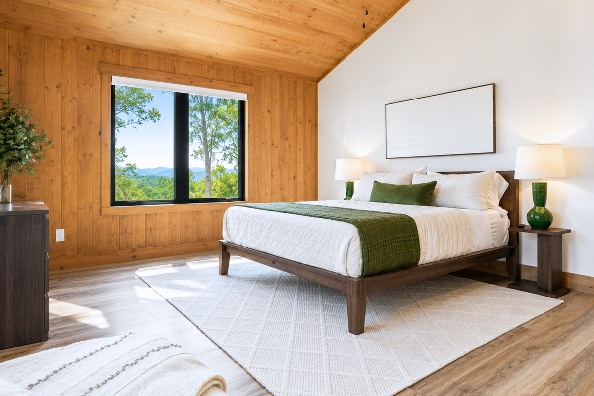 Spacious primary bedroom with vaulted wood ceilings, serene mountain views, and a cozy, modern design.